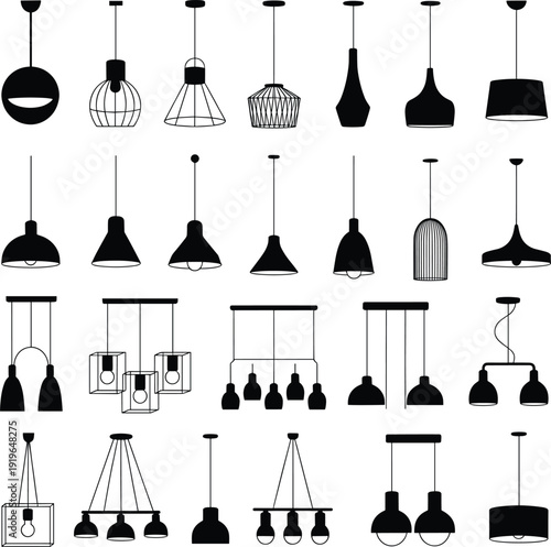  collection, minimalist hanging lamp icons set, black ceiling lighting fixtures illustration, contemporary interior decor elements, industrial and vintage lamp shapes isolated on white background