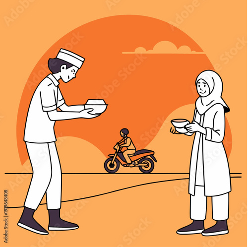 Flat vector illustration of a Muslim woman in a hijab giving a food box to a delivery man or a person in need against a sunset background with a crescent moon. Concept of Ramadan charity, Iftar sharin