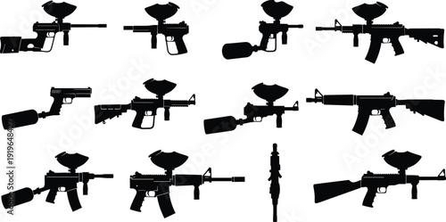 e silhouettes collection featuring marker equipment, pistol and carbine styles, isolated vector illustration set for sport shooting, military theme design, security concepts and graphic elements