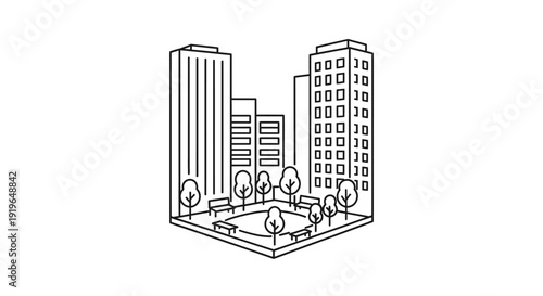 Modern city buildings with trees.