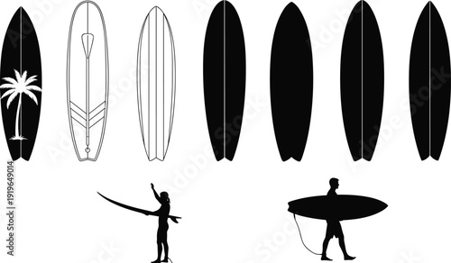 and shortboard shapes with surfer figures, tropical palm design, isolated vector illustration set for beach lifestyle, ocean sport branding and summer adventure themes