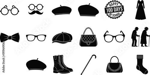 Vintage fashion accessor featuring glasses, hats, handbags, cane and elderly couple icons, isolated v