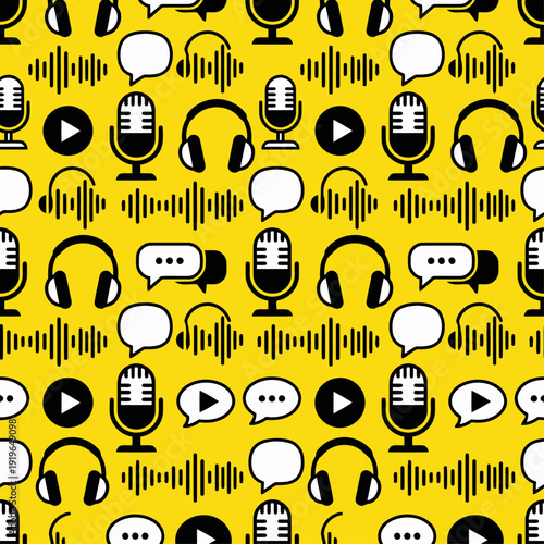 Seamless Podcast Audio Pattern Vector Microphone Headphones Sound Waves Yellow