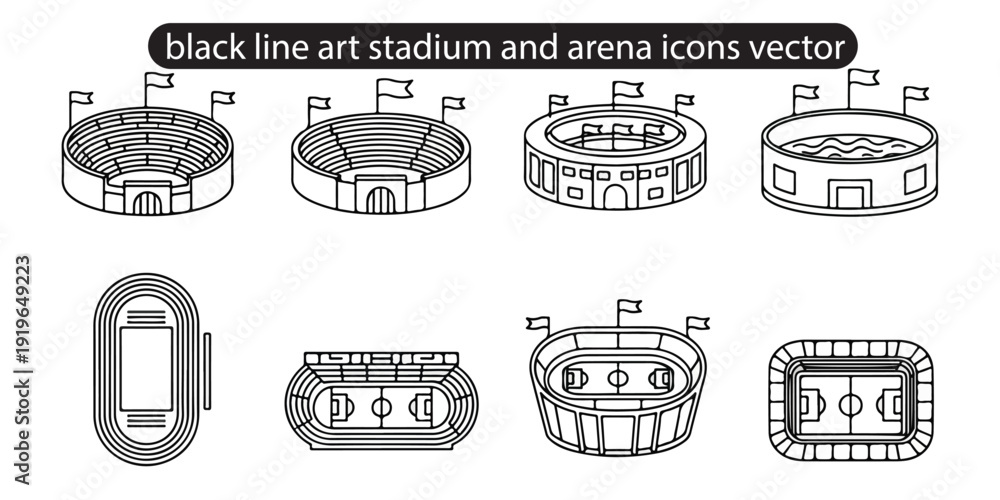 Αυτοκόλλητο Stadium and arena icons vector, simple bold uniform stroke outlines, no fill no