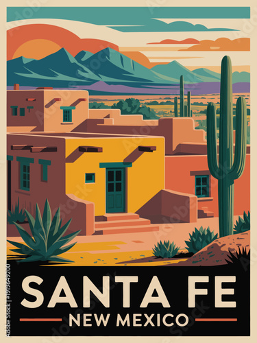 Santa Fe New Mexico poster, classic travel artwork featuring adobe style architecture and vibrant desert tones