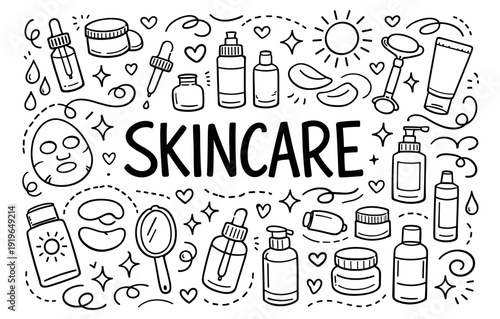 Hand drawn skincare doodles: beauty products and elements in black and white
