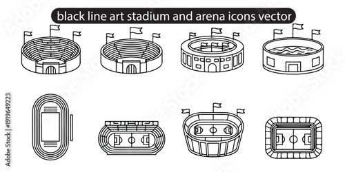 Stadium and arena icons vector, simple bold uniform stroke outlines, no fill no shading, high contrast monochrome