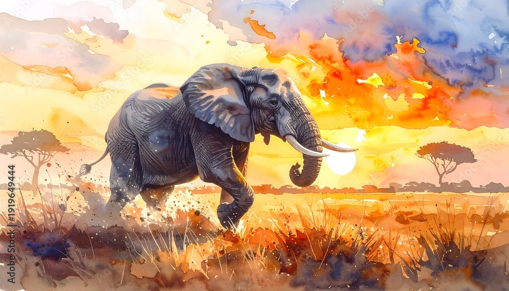 Fototapeta premium Watercolor painting of a charging elephant in an African savanna sunset