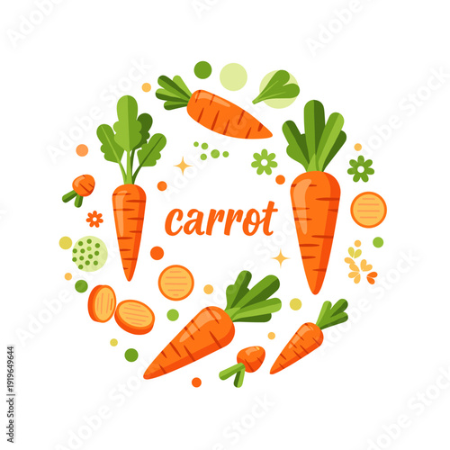 Colorful carrot composition with circular vegetables and green leaves