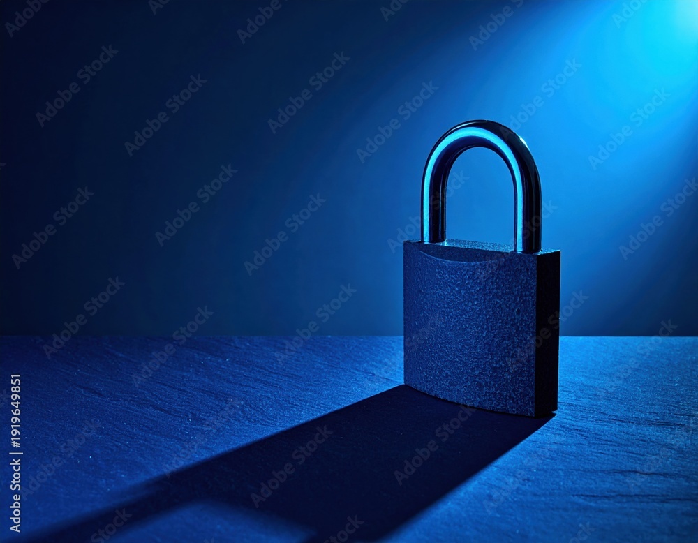 Fototapeta premium Locked padlock in blue light casting shadows on a textured surface security and protection theme.