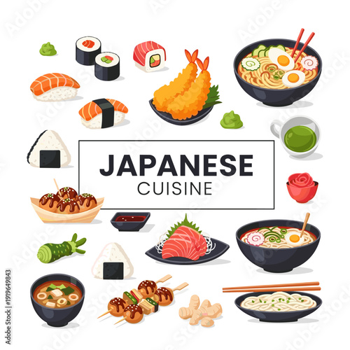 Delicious japanese cuisine featuring sushi, ramen, and tempura in flat style