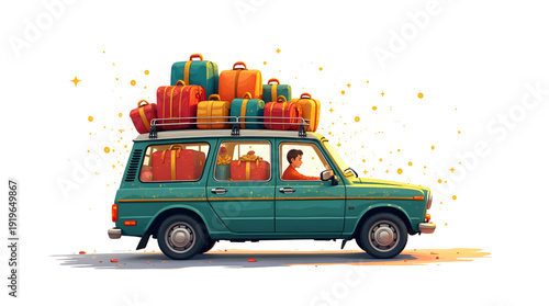 Colorful illustration of a vintage car carrying stacked suitcases and gifts on the roof, symbolizing festive holiday travel and Eid vacation journey.