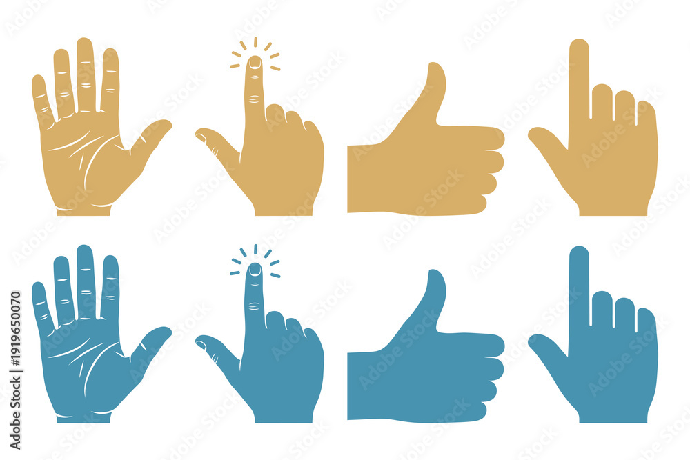 Fototapeta premium Hand gesture collection with thumb up sign and communication symbol icon set