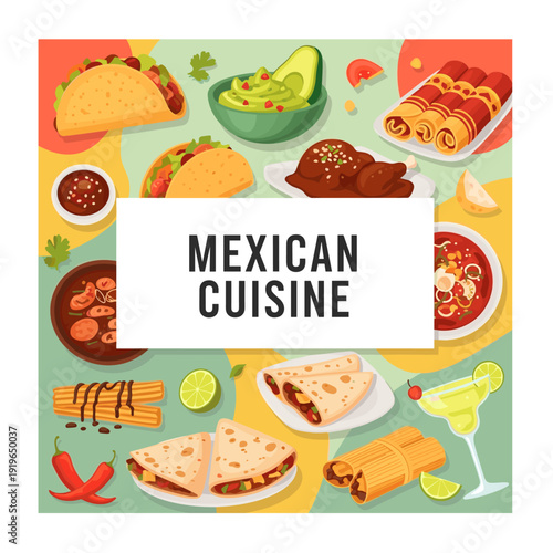 Discover delicious mexican cuisine: tacos, enchiladas, and more in a vibrant cartoon style