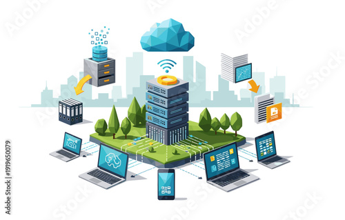 Futuristic isometric cloud computing network with data centers and digital devices