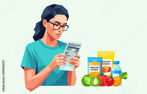 Woman reading nutrition label while choosing healthy snacks and fruits