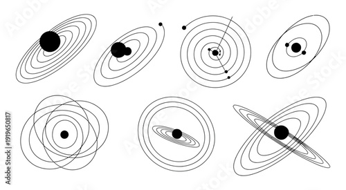 Abstract cosmic dance vector illustration with teal planetary orbits and celestial bodies in a dynamic geometric composition isolated on a dark space background.