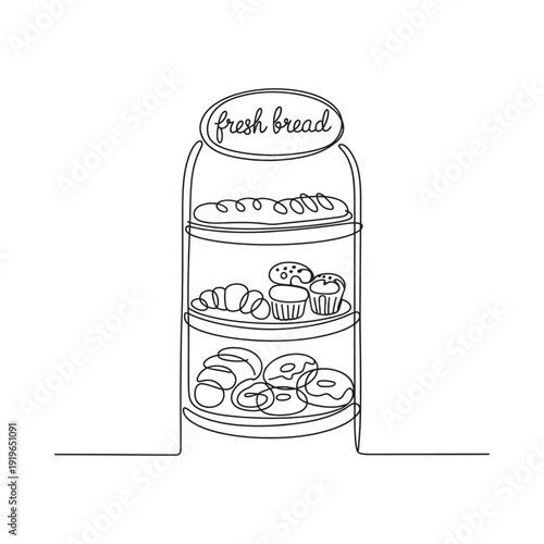 Line drawing of a bakery display rack filled with various pastries