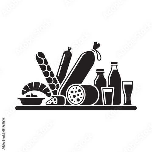 Black and white illustration of various food items including pizza and meats
