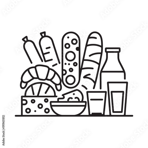 Line drawing depicting various breakfast foods and a beverage selection