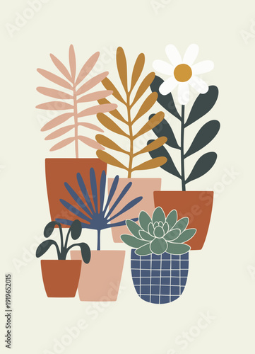 Mid Century Modern Style Illustration Of Potted Plants In Terracotta And Blue Pots houseplants interior
