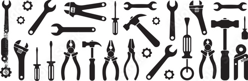 tools icon collection wrench screwdriver hammer pliers silhouettes