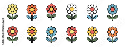 Pixel Art Flowers in Various Color Combinations on White Background floral icon
