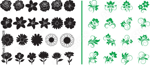 A diverse collection of floral vector icons featuring black blossom silhouettes and green swirling botanical ornaments. Perfect for spring designs, wedding invitations, and nature-themed logos.