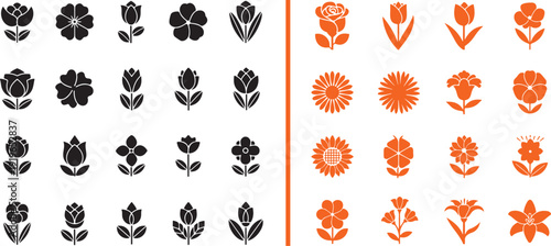 A diverse vector set featuring rows of black tulip and floral silhouettes alongside a grid of vibrant orange icons depicting roses, sunflowers, lilies, and various garden blossoms.