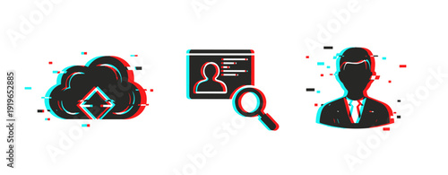 Cloud computing, data search, and business icon trio with glitch effect