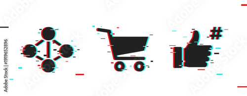 Glitch art style icons: shopping cart, network, thumbs up, hashtag