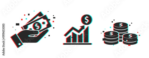 Abstract financial illustration: money, growth chart, coin stacks with glitch effect