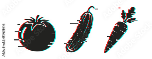 Glitch art vegetables: tomato, cucumber, and carrot in digital style