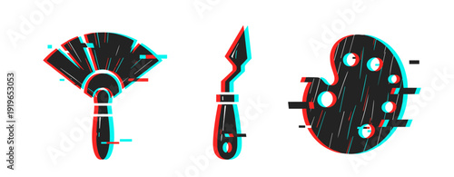 Glitch art style: paintbrush, palette, and sculpting knife trio