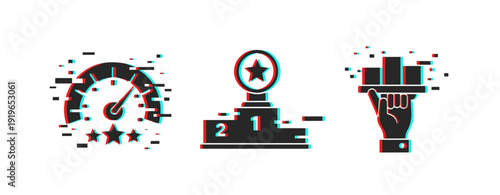Glitch effect icons: speedometer, podium, analytics hand gesture