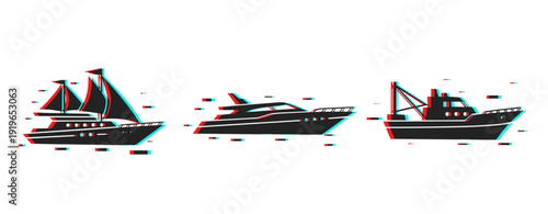 Glitch effect boats silhouettes: sailboat, yacht, cargo ship on white background
