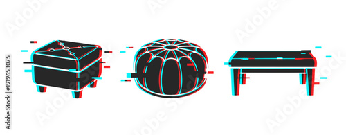 Glitch art of ottoman, pouf, and coffee table in 3d anaglyph style
