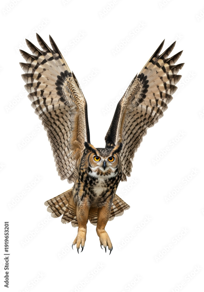 Obraz premium majestic great horned owl (bubo virginianus) in powerful mid-flight, showing extended striped wings and sharp talons, isolated on white copy space. concept of wild beauty and strength