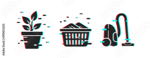 Glitch effects on plant, laundry basket, and vacuum icons in 3d style