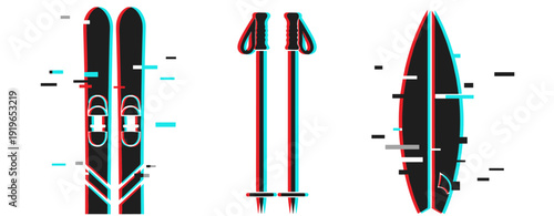 Glitch effect ski gear and surfboard: skis, poles, and surfboard in abstract design