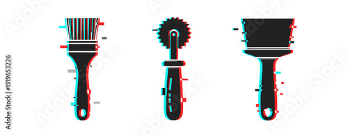 Digital glitch art of paintbrush and tools in anaglyph style