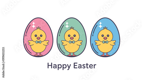 Three Cute Yellow Chicks Inside Easter Eggs With Happy Easter Text On White Background vector illustration