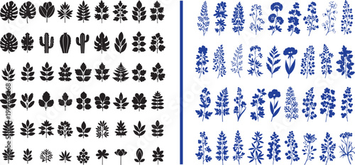Comprehensive vector collection featuring a large grid of black leaf and botanical silhouettes alongside a vibrant blue set of detailed wildflower and herbal plant illustrations.