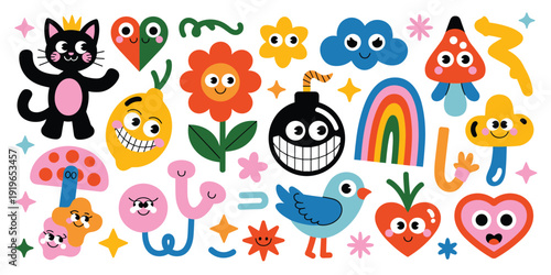 Whimsical Cartoon Characters and Objects Collection With Happy Faces