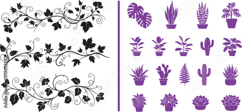 A vector collection featuring three elegant black vine flourishes with leaves and swirls alongside a grid of purple potted plant silhouettes, including cacti, succulents, and monstera leaves.