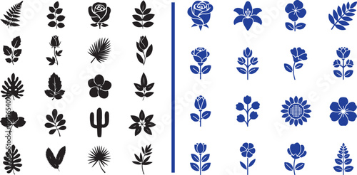 A vector set featuring a grid of varied black botanical silhouettes, including ferns, roses, and cacti, alongside a collection of blue floral icons and leafy stems on a clean white background.
