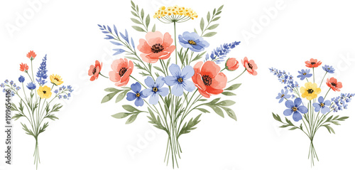 Watercolor illustration of colorful wildflowers in three bouquets on white background