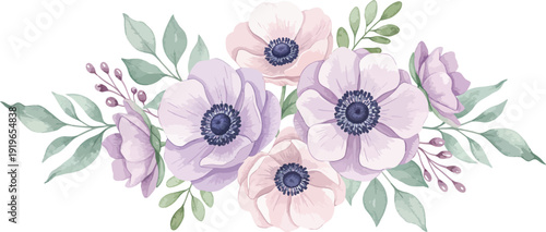Watercolor illustration of a bouquet of purple anemone flowers with green leaves on white background