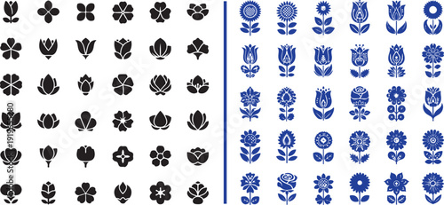 A diverse collection of stylized vector flowers featuring solid black silhouettes and ornate blue floral icons with leaves, arranged in a clean, professional grid layout.