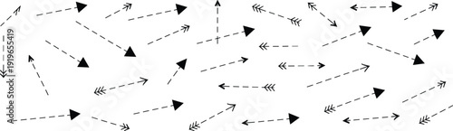 Minimal arrow seamless pattern, black dashed directional lines with simple geometric pointers, modern abstract vector background design